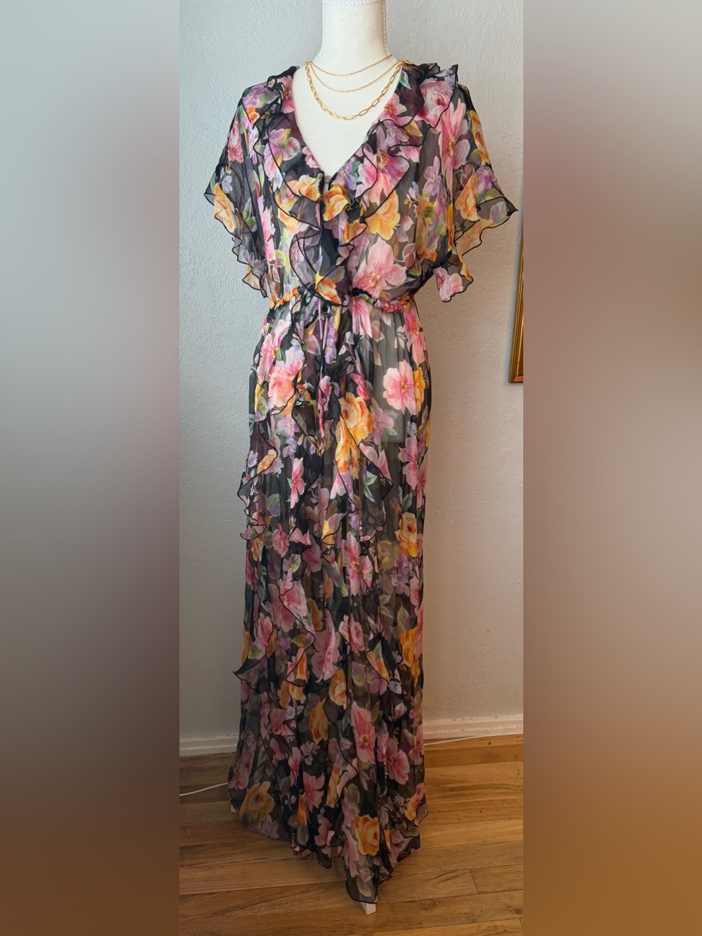 NWT Johnny Was 100% Silk Maxi Dress with Pink & Yellow Floral Print Medium